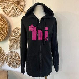 Roxy Y2K Surf Hoodie Black Pink Graphic Zip Up Hawaii Hibiscus Hi XL